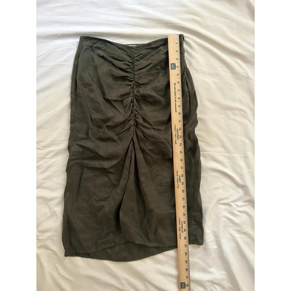 Stateside Linen Ruched Front Slit Skirt in Army Green Knee Length Size US XS